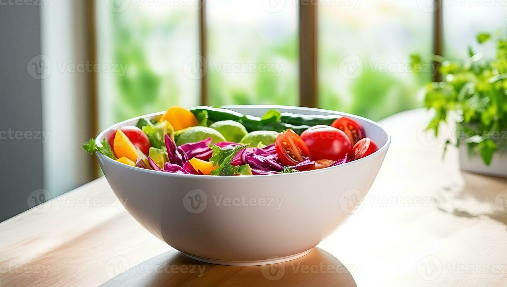 fresco vegetal salada dentro uma branco tigela em uma de madeira mesa dentro uma cozinha ai gerado foto