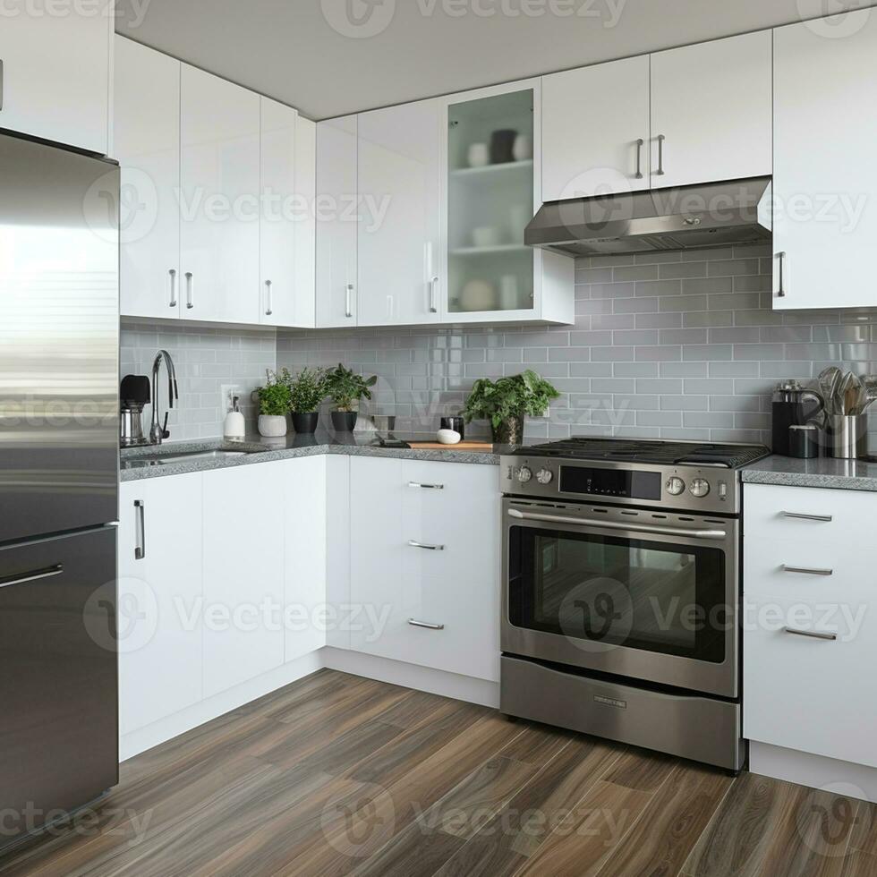 lustroso mobiliado cozinha, à moda lindo cozinhando área, interior projeto, ai generativo foto
