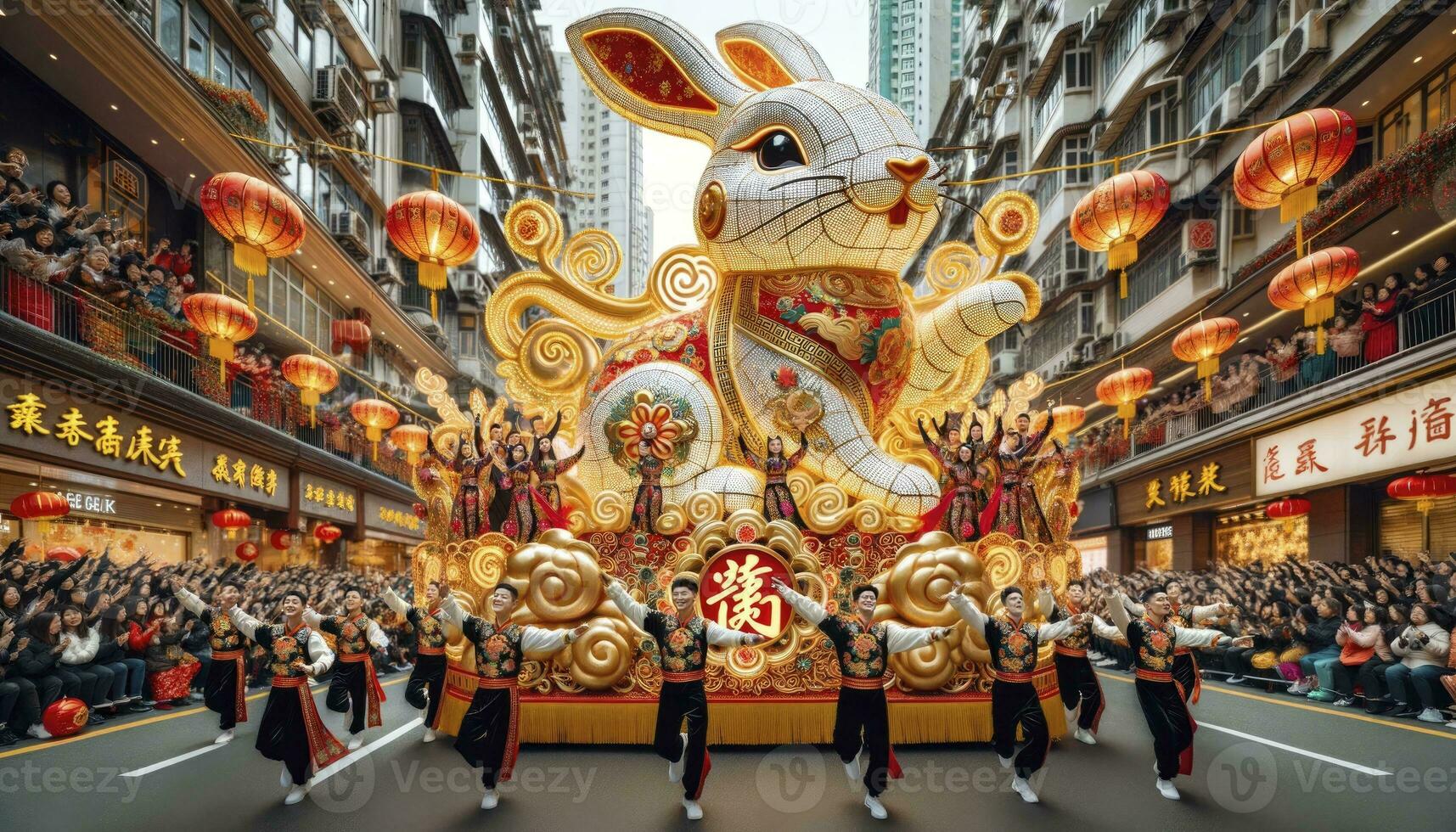 chinês Novo ano Coelho. exibindo uma vibrante parada com uma central Coelho flutuador, dançarinos dentro tradicional traje, e entusiasmado espectadores com lanternas. ai generativo. foto