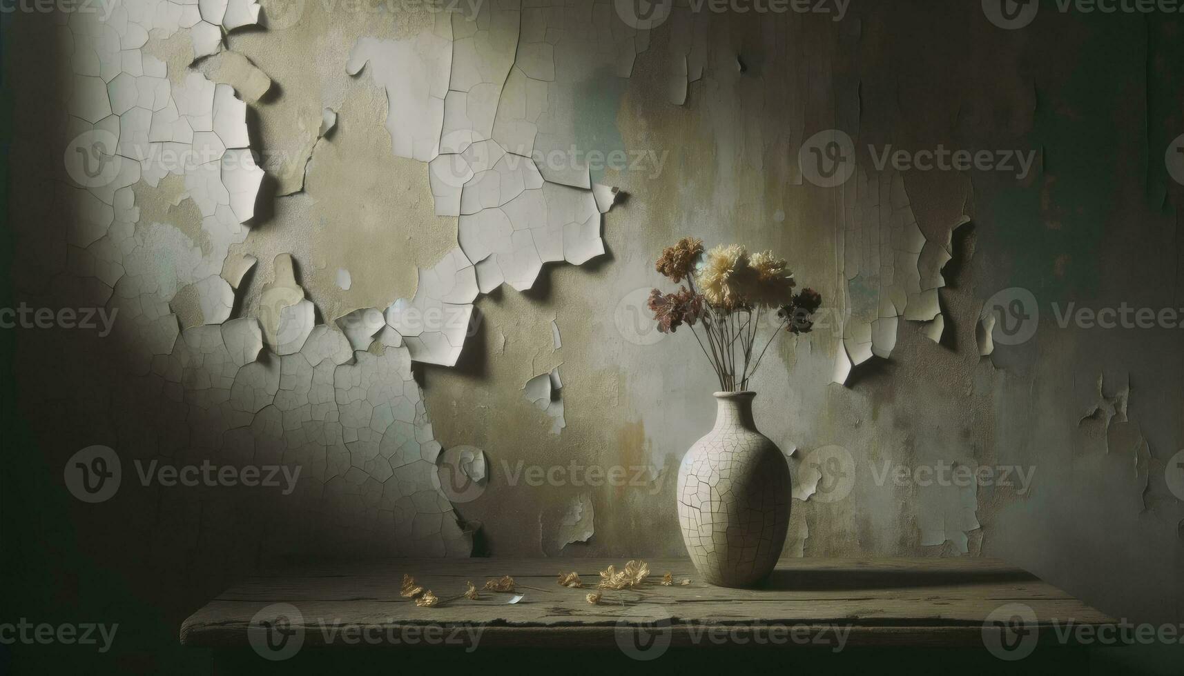 representando uma murcha flor dentro uma rachado vaso contra a envelhecido parede, simbolizando a passagem do Tempo e a drenando natureza do depressão. ai gerado foto