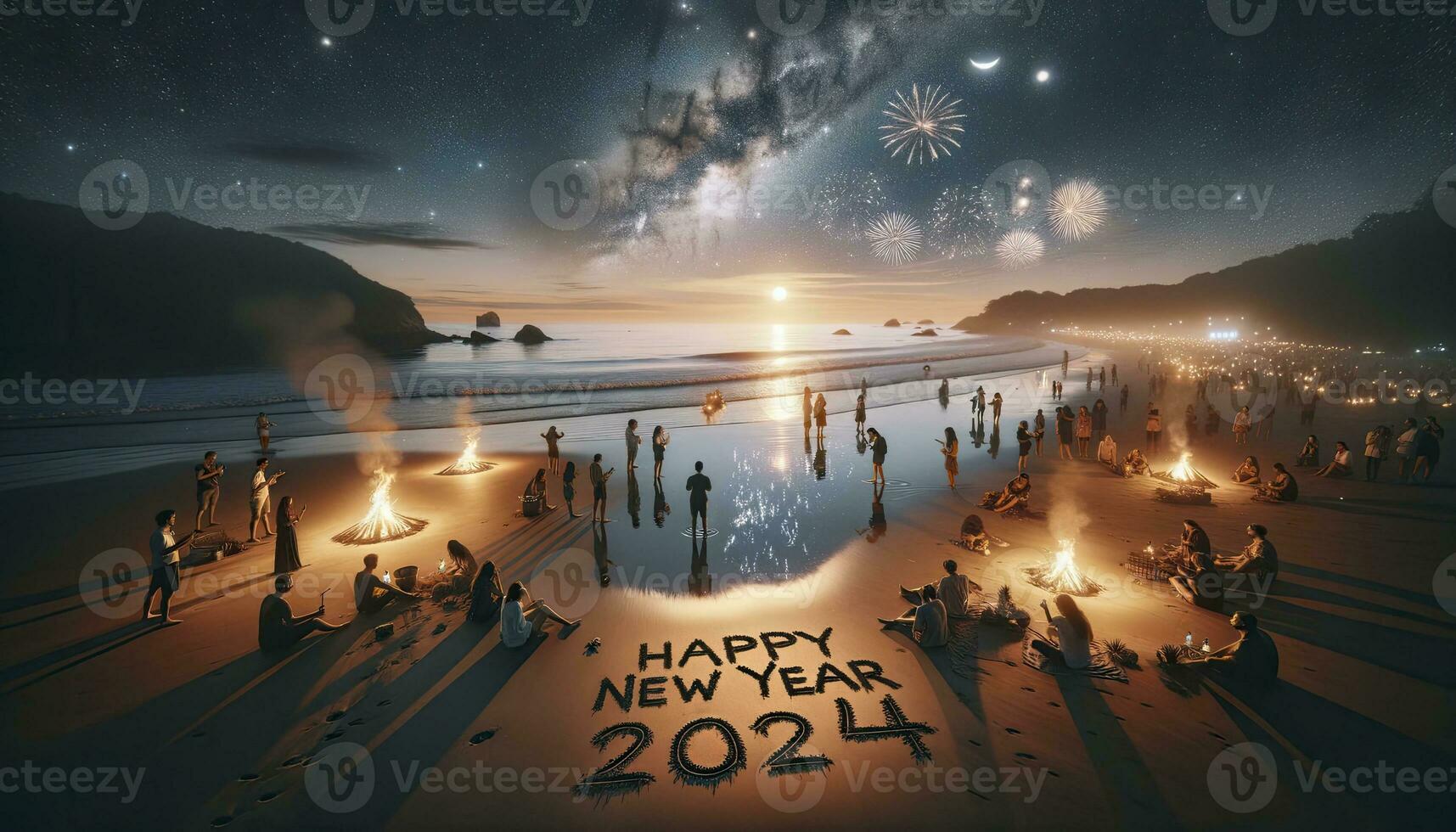 uma de praia celebração debaixo uma estrelado céu com pessoas por aí fogueiras, a palavras feliz Novo ano 2024 escrito em a molhado areia, e distante fogos de artifício. ai gerado foto