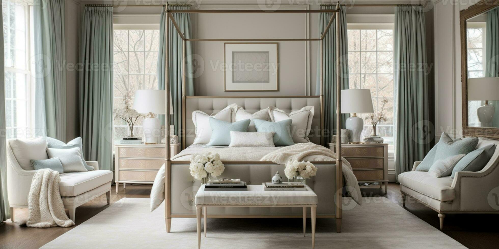 luxuoso mobiliado mestre quarto suíte, elegante interior projeto, moderno casa Projeto conceito, ai generativo foto