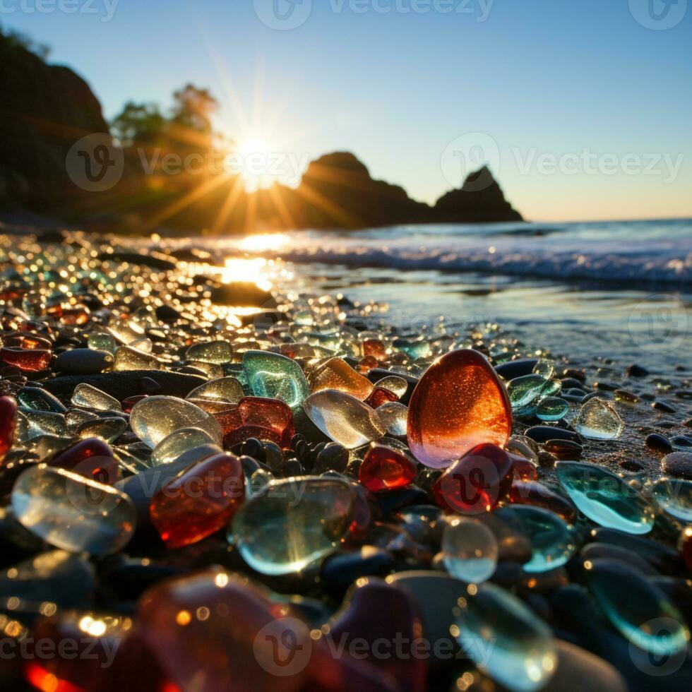 lindo vidro praia, colorida seixos, fantasia paisagem marítima, sonhadores atmosfera, ai generativo foto
