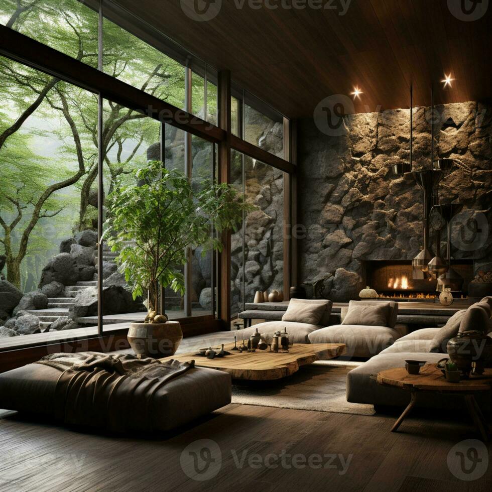 interior projeto, vivo quarto com sereno natureza visualizar, lindo mansão Projeto dentro a floresta, ai generativo foto