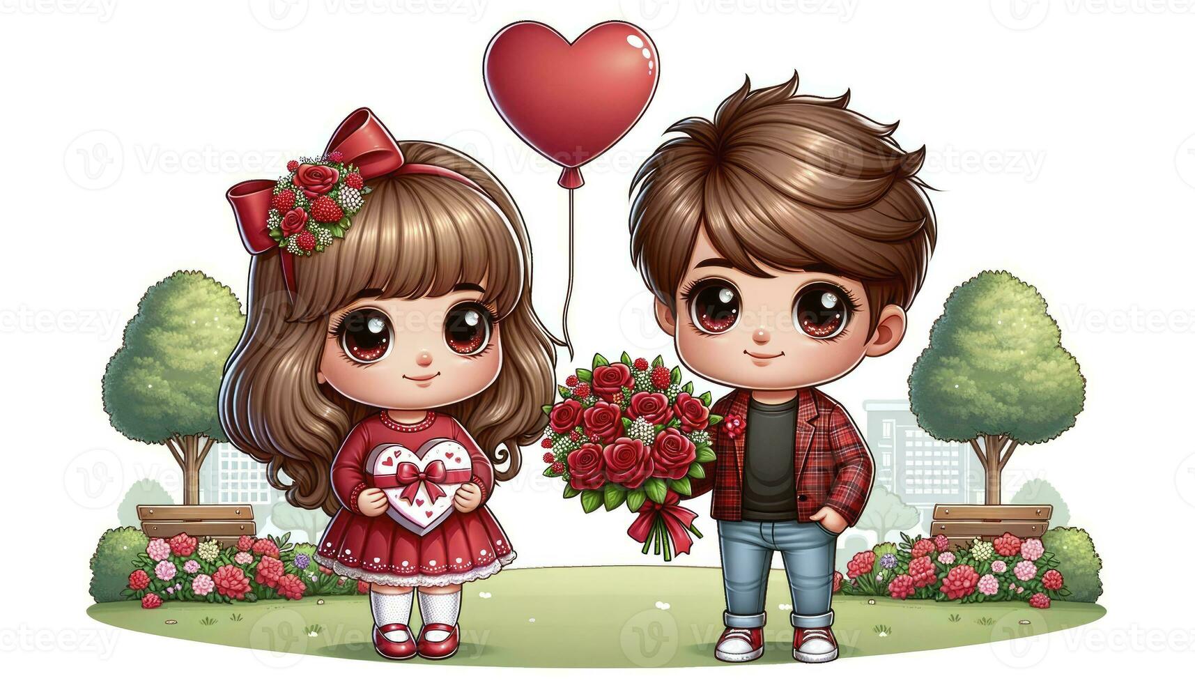 uma fofa desenho animado casal em pé lado de lado dentro uma parque contexto. a Garoto é oferta uma ramalhete do vermelho rosas, enquanto a menina detém uma em forma de coração caixa do chocolates. ai generativo foto