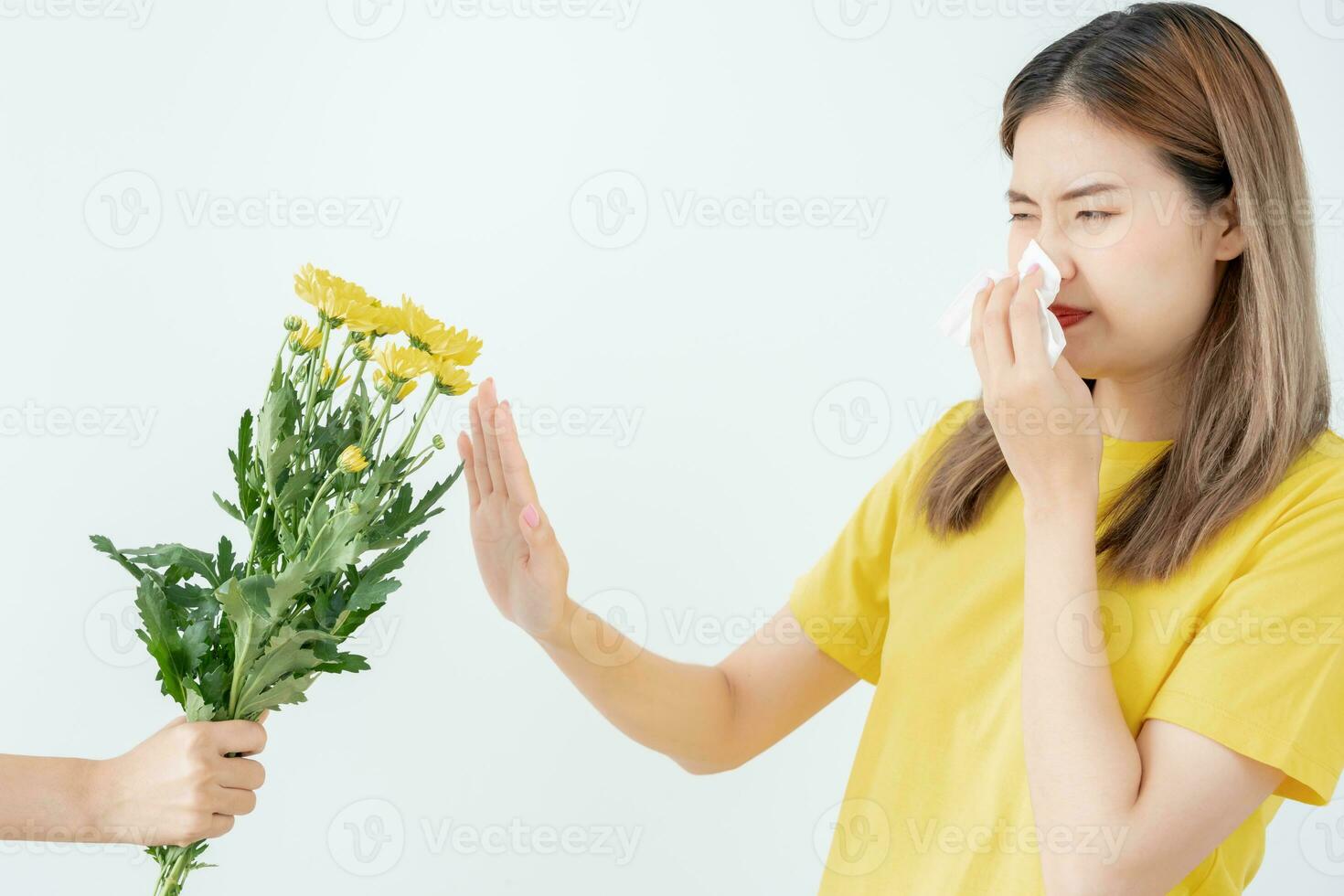 pólen alergias, ásia jovem mulher espirros dentro uma lenço ou sopro dentro uma limpar, alérgico para selvagem Primavera flores ou flores durante Primavera. alérgico reação, respiratório sistema problemas foto