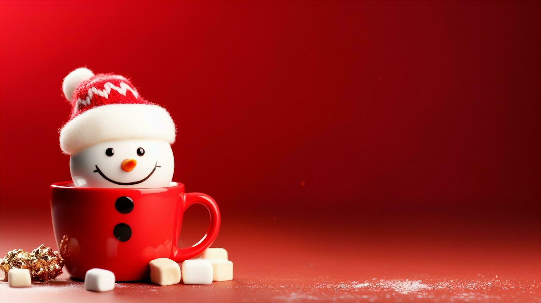 adorável boneco de neve dentro vermelho caneca preenchidas com marshmallows, conjunto contra uma vermelho fundo. generativo ai foto