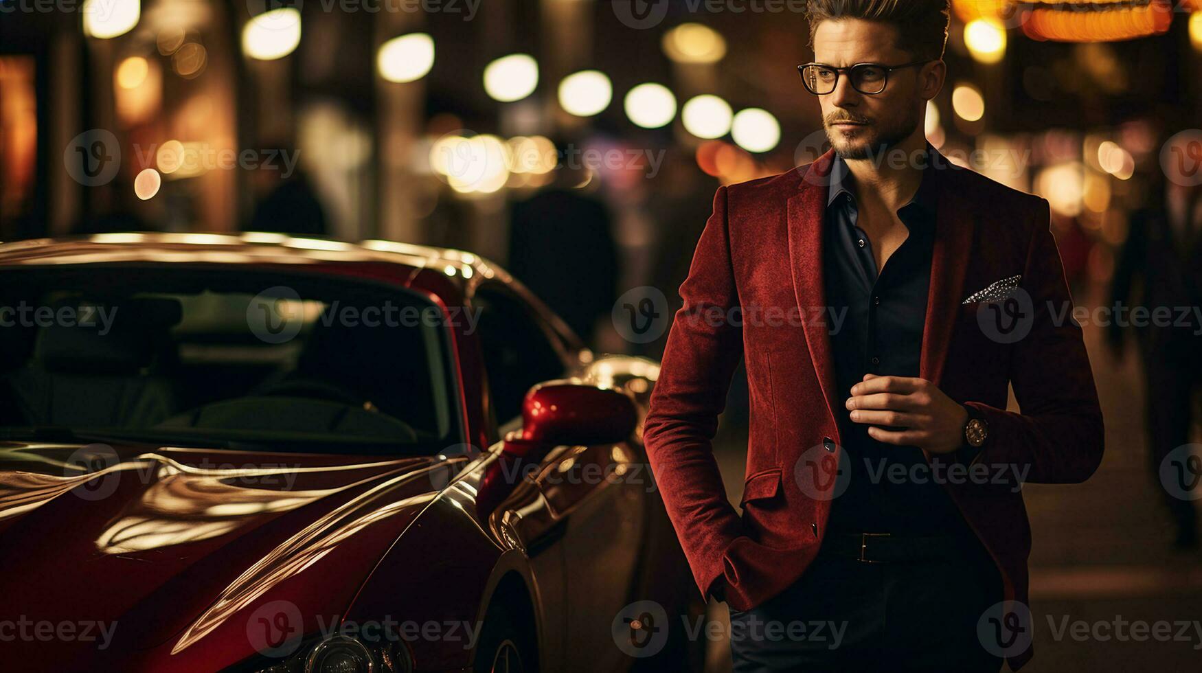 uma deslumbrante homem greves uma confiante pose no meio urbano vida noturna, com luxo vermelho carro e cidade luzes. generativo ai foto