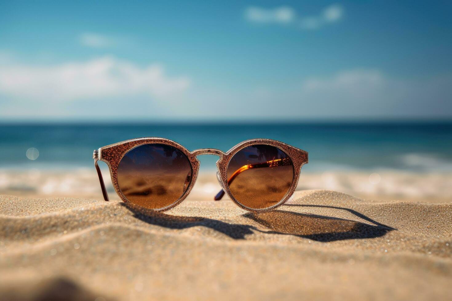 oculos de sol em a de praia. seletivo foco. natureza, oculos de sol estão em a pernas em a praia, ai gerado foto