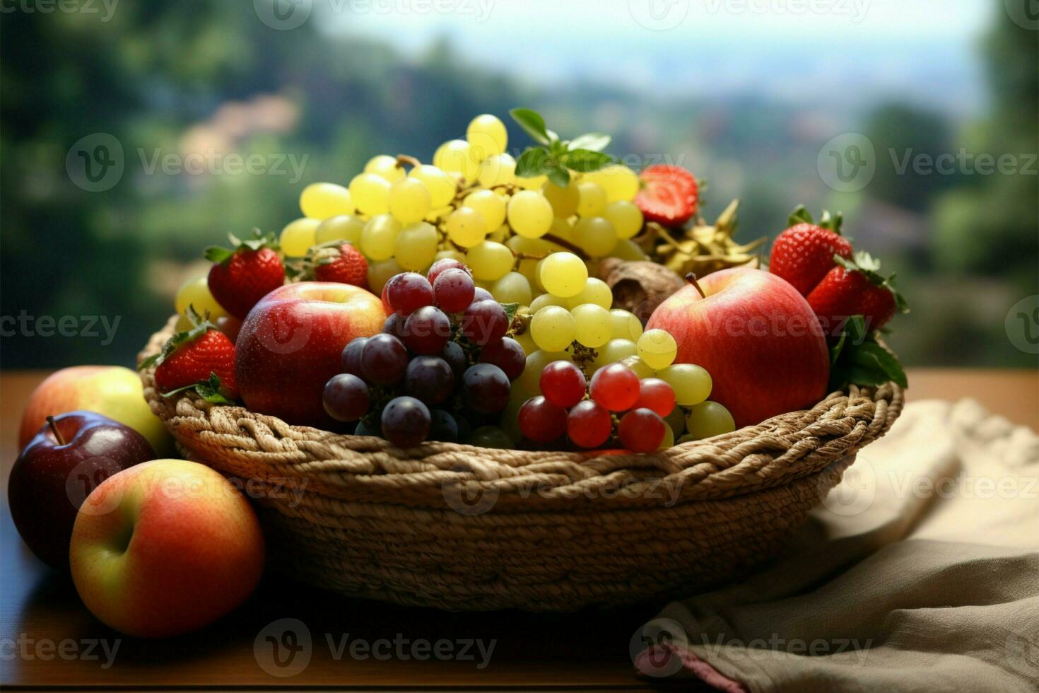 uma pitoresco fruta cesta contra uma lindo fundo, a astuto exibição ai gerado foto