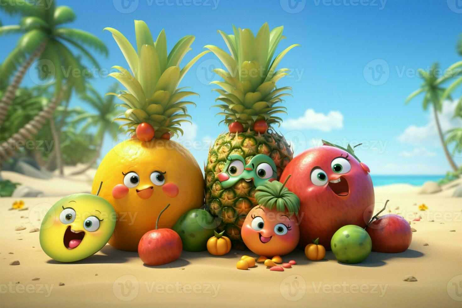 verão temático 3d fruta desenhos animados, adicionando uma brincalhão, tropical vibração ai gerado foto