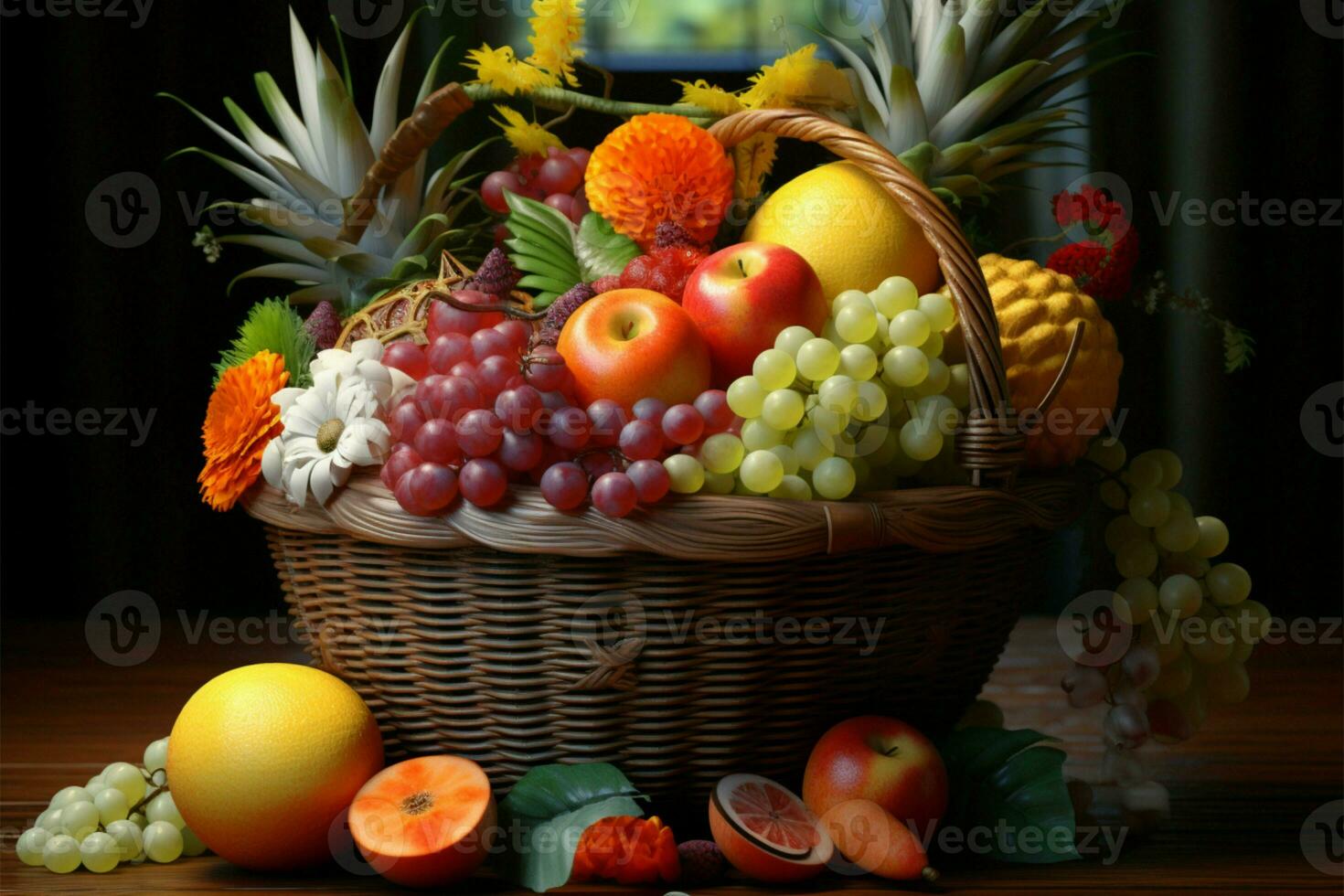 a convidativo cesta transbordante com a matriz do vibrante, fresco frutas ai gerado foto