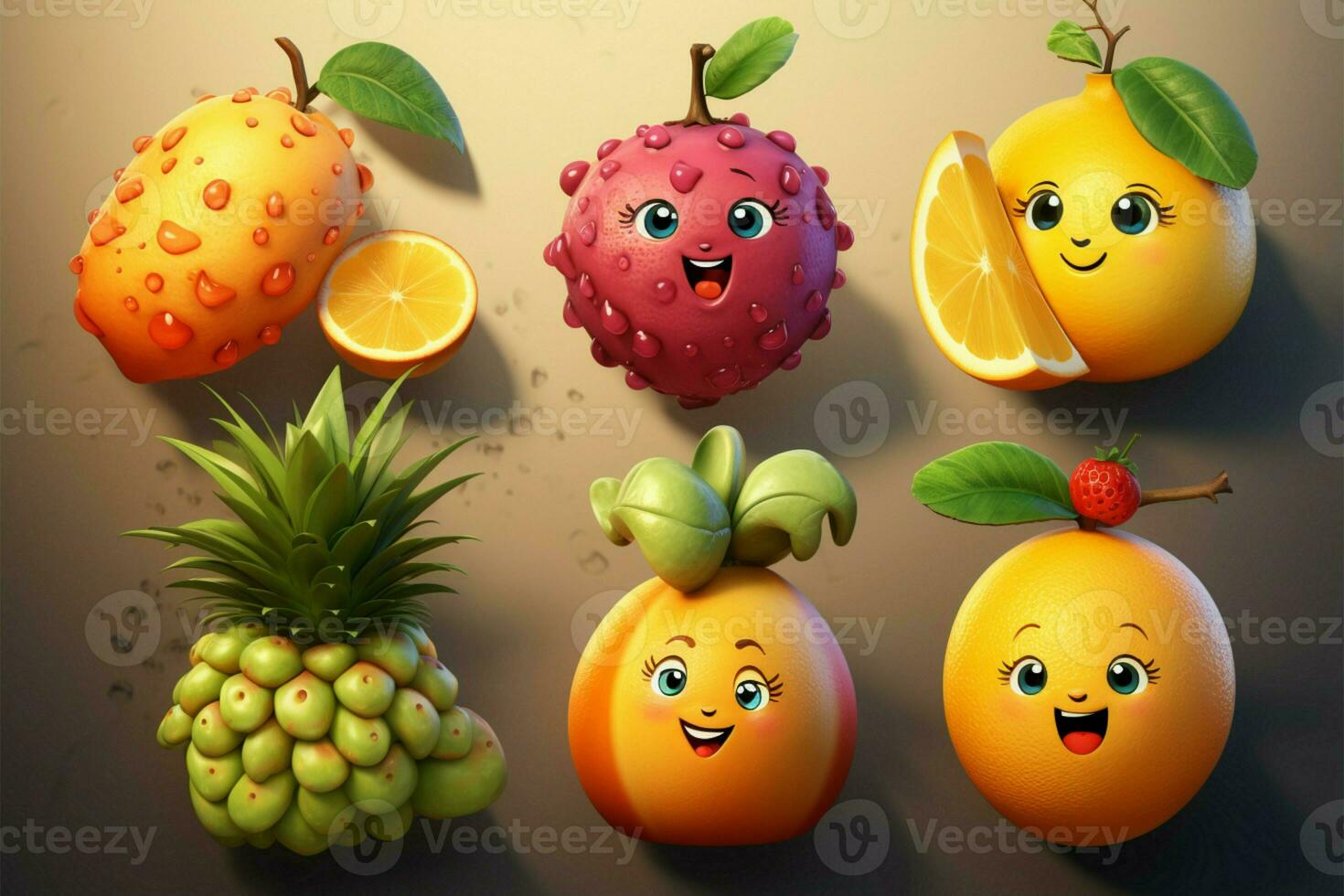 brincalhão fruta personagens, estourando com fofura e alegre personalidades ai gerado foto