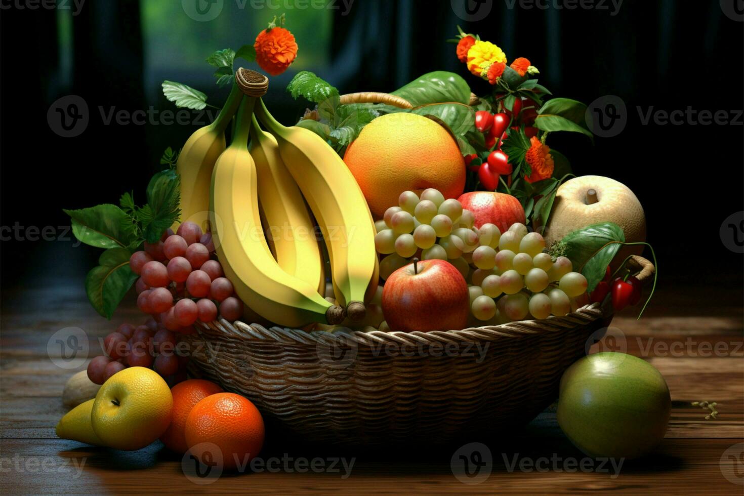 uma encantador cesta transbordante com uma variedade do delicioso, maduro frutas ai gerado foto