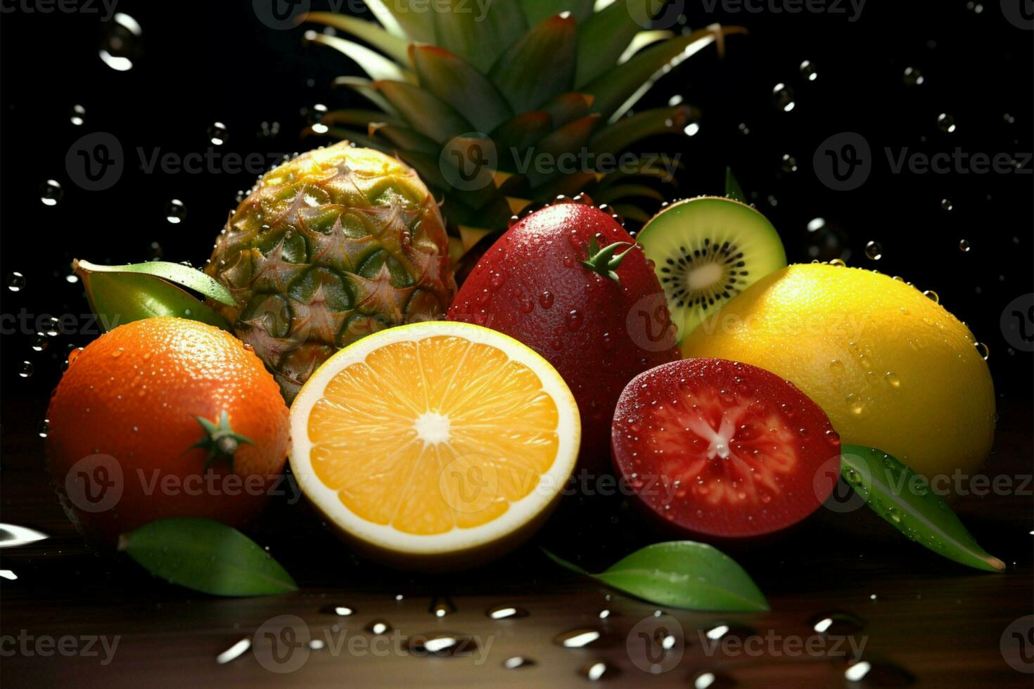 grupo do tropical frutas com orvalhado água partículas realçando seus beleza ai gerado foto