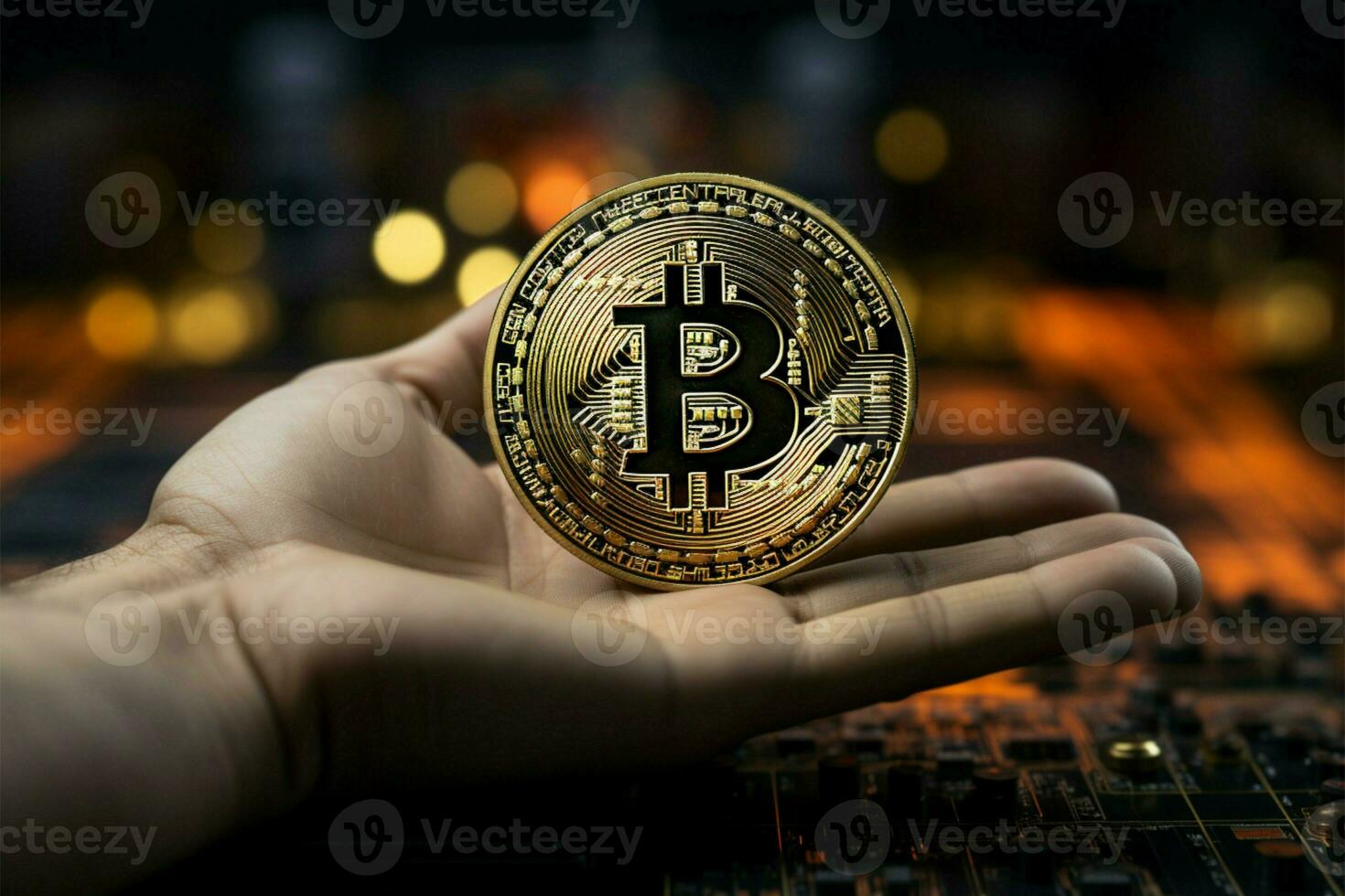 virtual moeda inovação mão segurando uma bitcoin moeda, gráfico fundo ai gerado foto