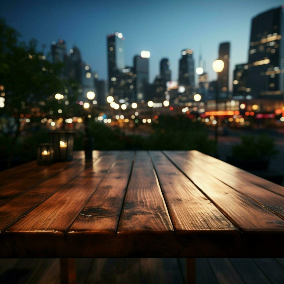período noturno urbano cena de madeira mesa contra borrado cidade construção luzes dentro Trevas para social meios de comunicação postar Tamanho ai gerado foto