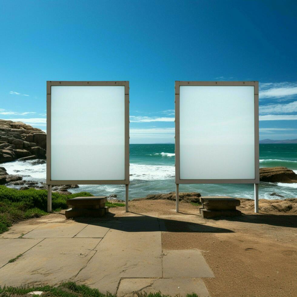 marinho Painel publicitário tela de pintura esvaziar quadro, Armação conjunto em de praia com oceano panorama para social meios de comunicação postar Tamanho ai gerado foto