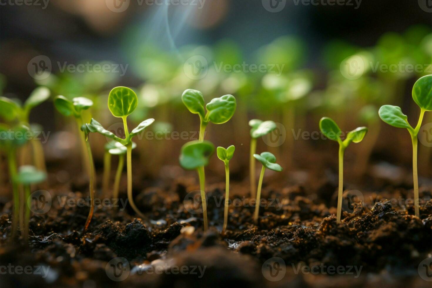 Novo vida surge a partir de solo preenchidas células dentro a plantio bandeja ai gerado foto