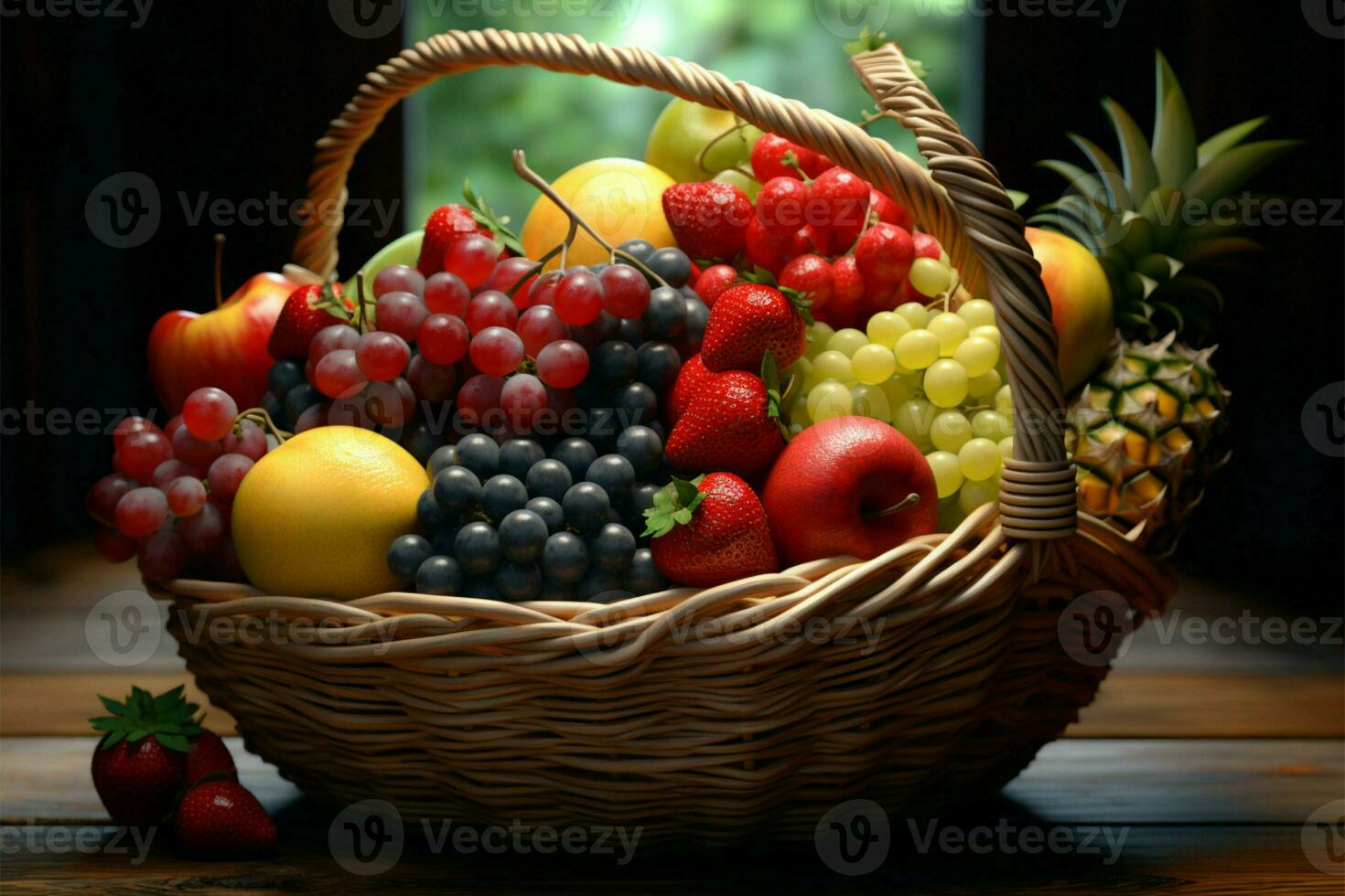 uma cesta transbordante com naturezas recompensa do colorida, fresco frutas ai gerado foto