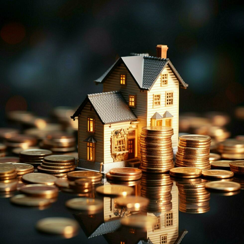moeda pilha apoia 3d casa, ilustrando riqueza e habitação realização para social meios de comunicação postar Tamanho ai gerado foto