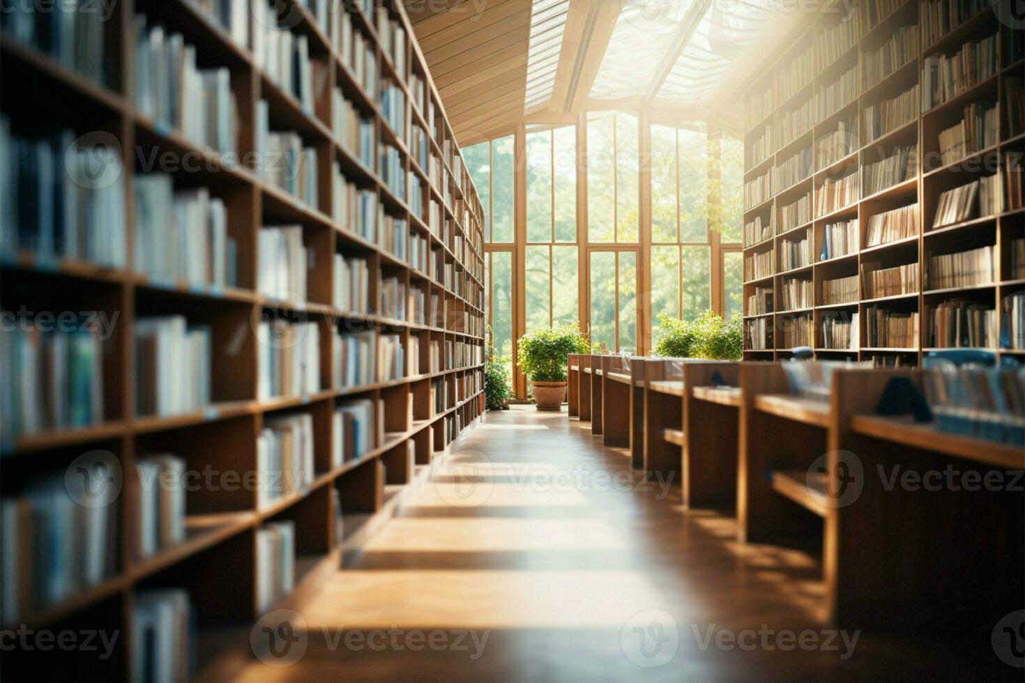 público biblioteca interior com borrado estantes, adequado para pano de fundo usar ai gerado foto