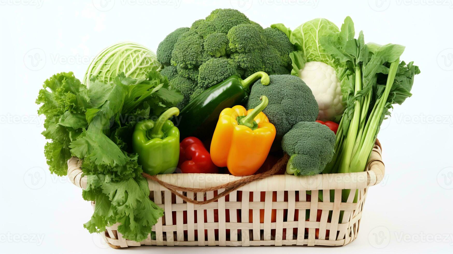uma branco cesta cheio legumes dentro branco fundo foto