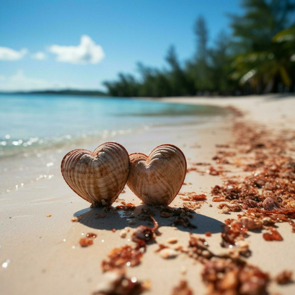 beira-mar afeição dois corações escrito a mão em arenoso costa com tranquilo tropical pano de fundo para social meios de comunicação postar Tamanho ai gerado foto