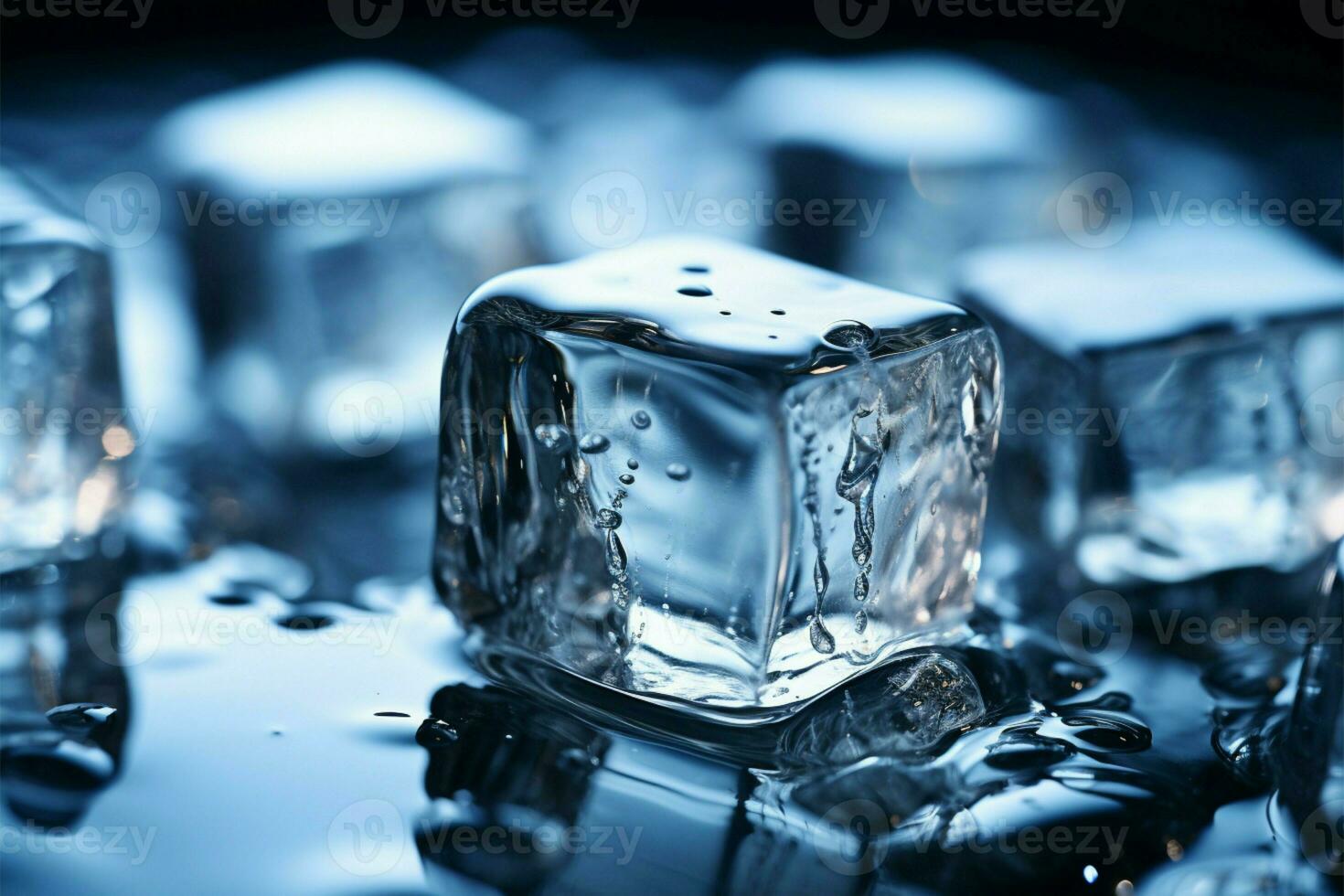 água gotas dança em gelado cubos, criando uma refrescante espetáculo ai gerado foto