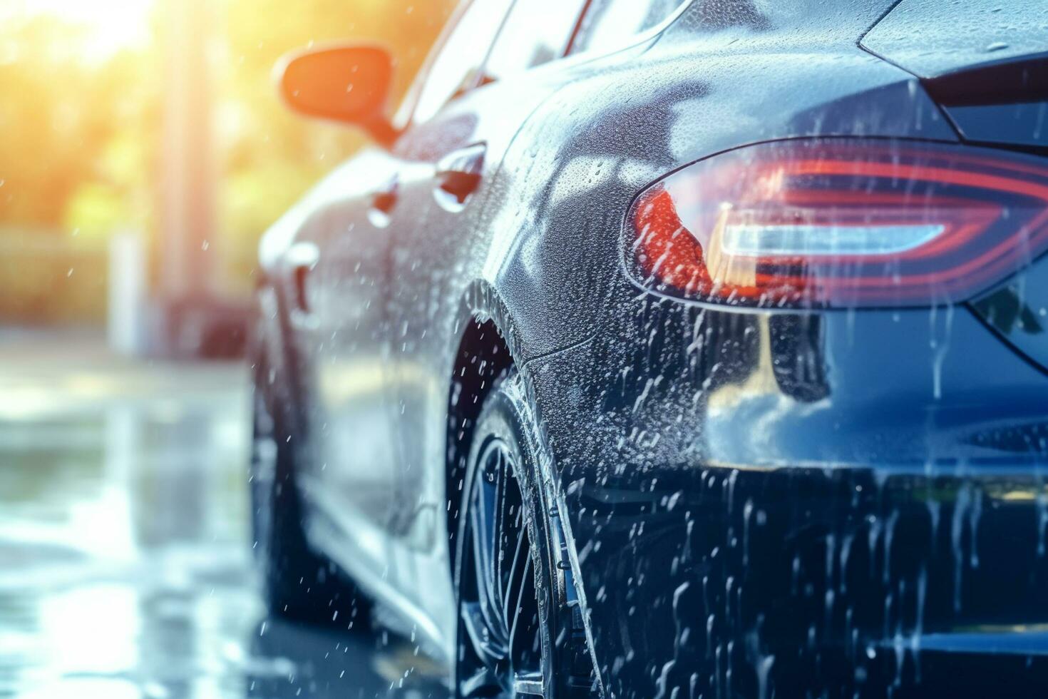 carro lavar conceito. fechar-se do Preto esporte carro com água gotas ai gerado foto