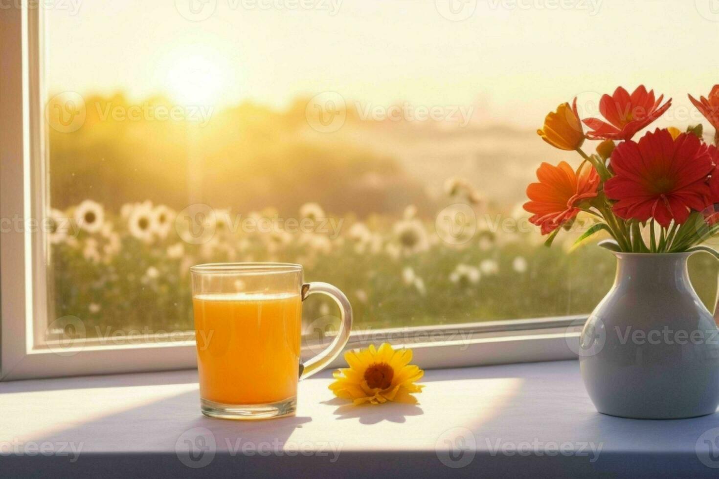 janela e flor em mesa borrado fundo. ai generativo pró foto