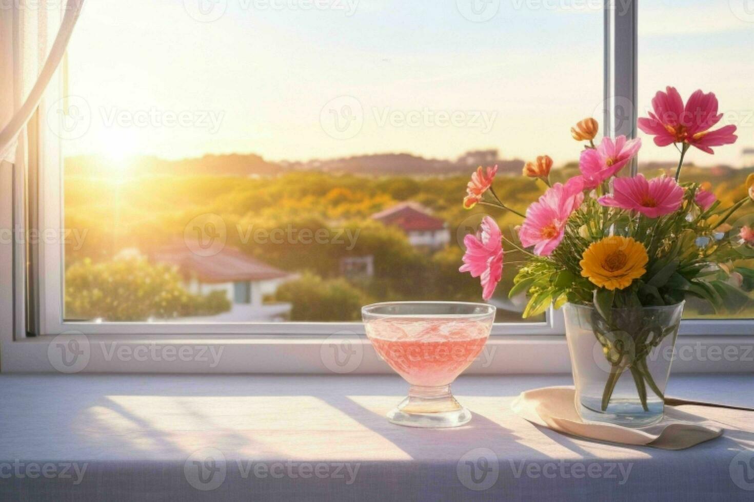 janela e flor em mesa borrado fundo. ai generativo pró foto