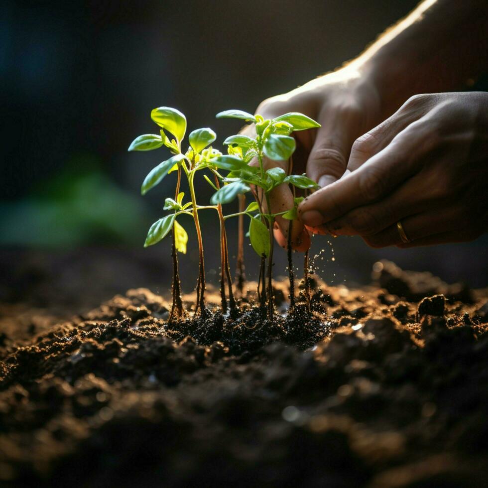 mão derramando Preto solo em verde bokeh fundo plantio uma pequeno plantar em uma pilha do solo para social meios de comunicação postar Tamanho ai gerado foto