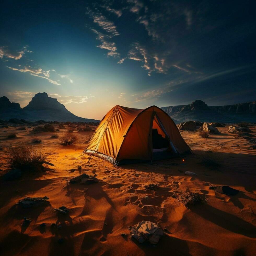arenoso solidão acampamento sozinho dentro estéril deserto, longe a partir de civilizações urgência para social meios de comunicação postar Tamanho ai gerado foto