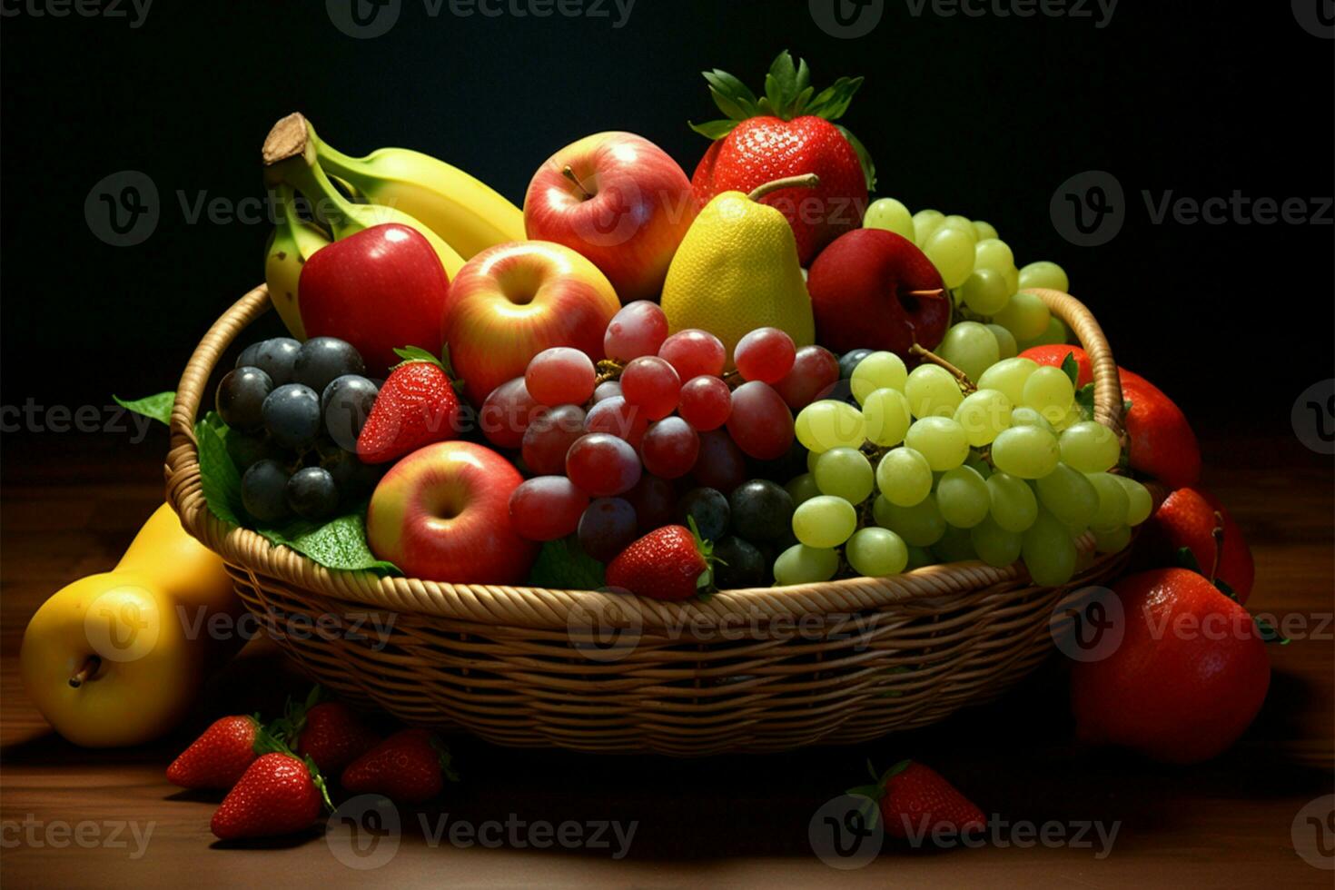 uma Reveja este captura a fascinar do uma delicioso fruta cesta a partir de acima ai gerado foto