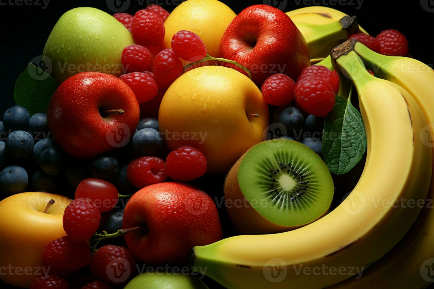uma pano de fundo apresentando a arranjo do colorida e fresco frutas ai gerado foto