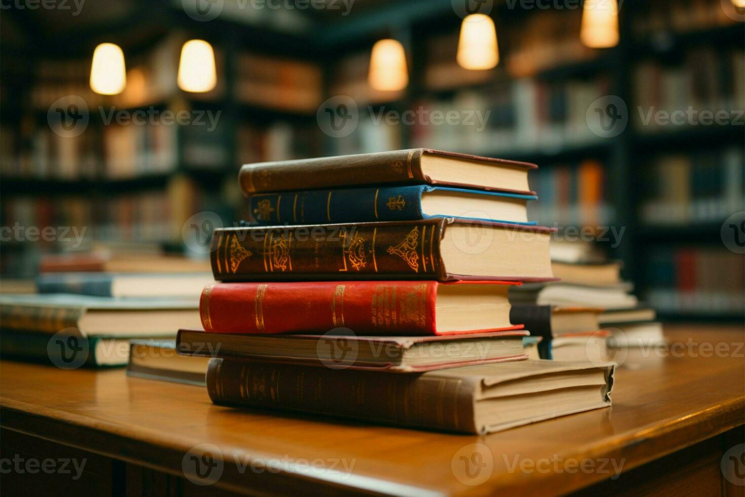 livros empilhado ordenadamente em uma mesa com uma biblioteca pano de fundo ai gerado foto