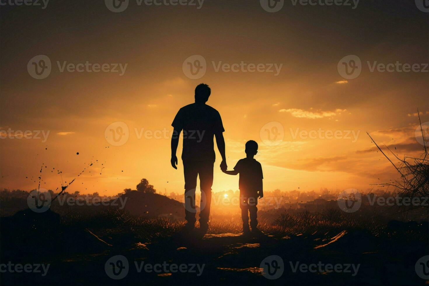 inseparável duo silhueta do uma pai e filho em pé Unidos ai gerado foto