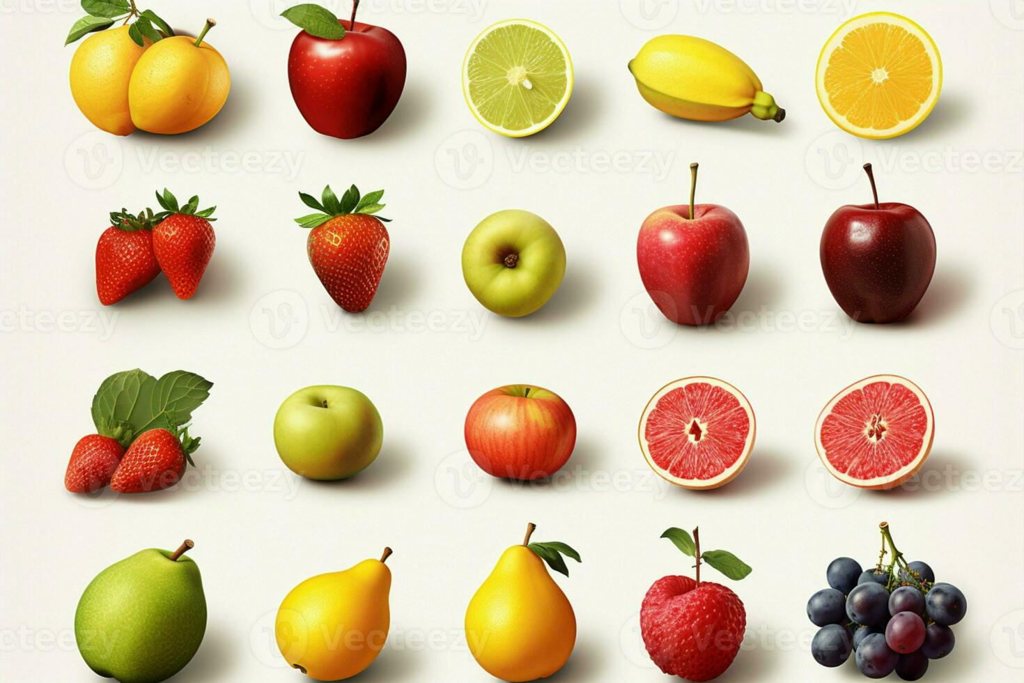 animado clipart gráfico exibindo uma variedade do frutas em branco ai gerado foto