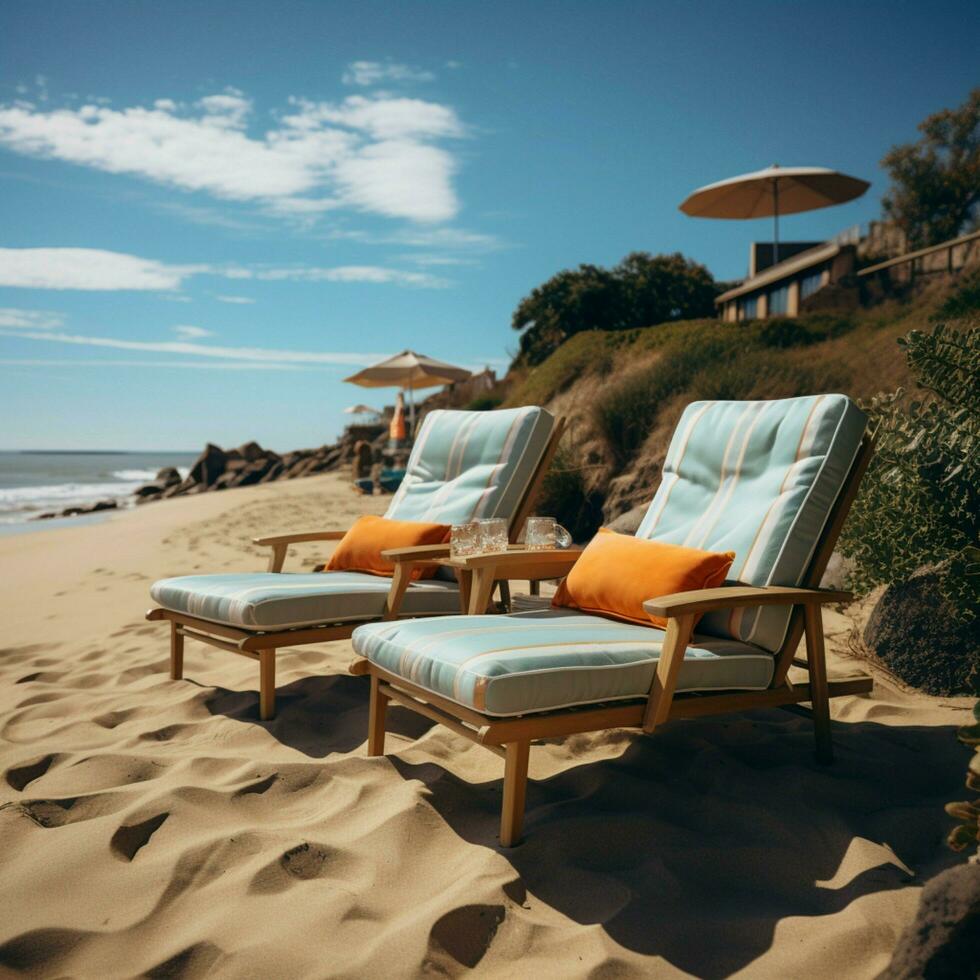 arenoso poltronas reclináveis chaise salões em a de praia oferta repousante beira-mar relaxamento para social meios de comunicação postar Tamanho ai gerado foto