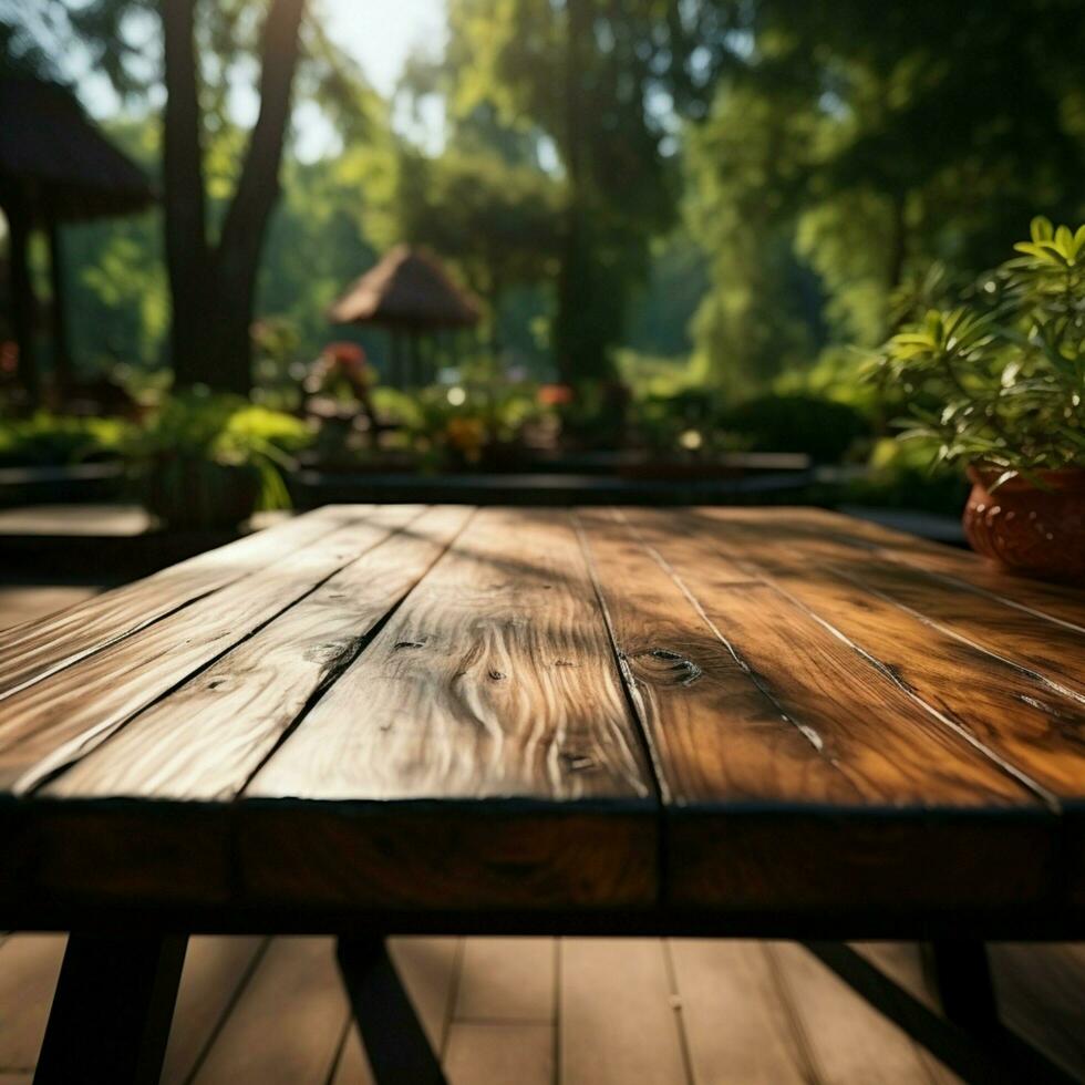 ao ar livre Exibir plataforma desocupado de madeira mesa dentro parque, perfeito para natureza temático apresentações para social meios de comunicação postar Tamanho ai gerado foto
