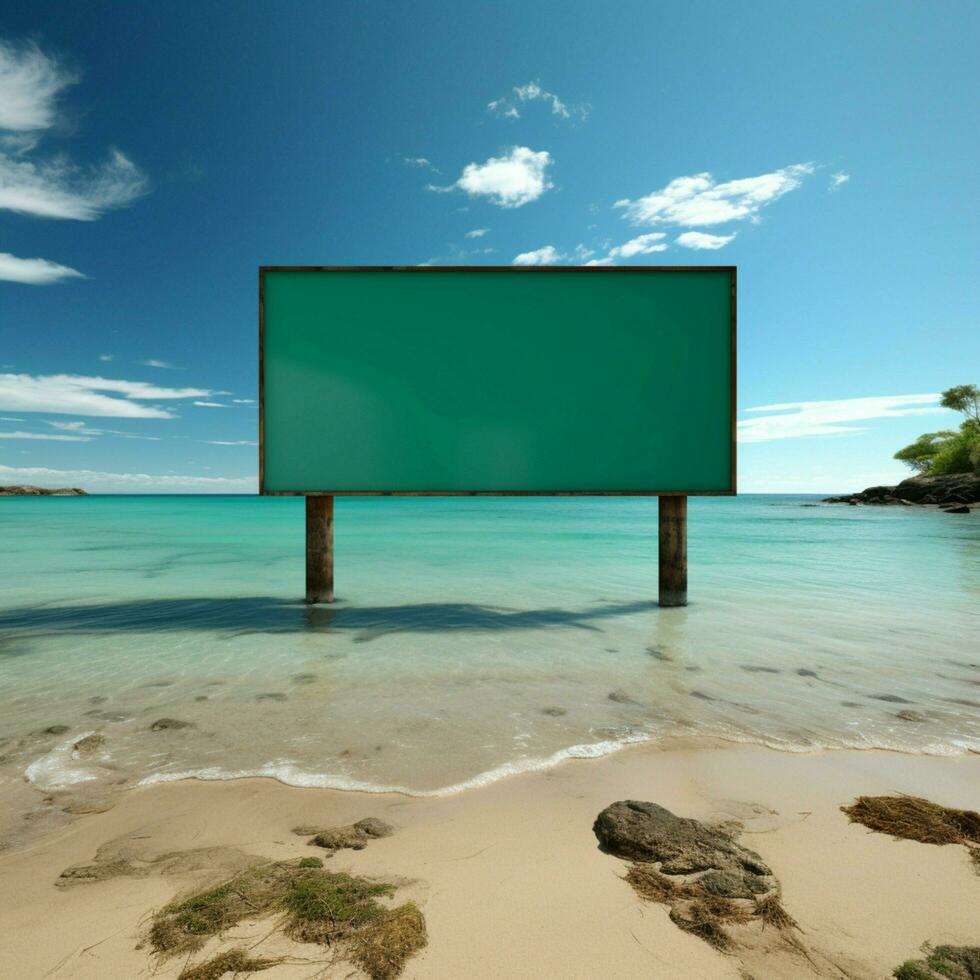 aqua Painel publicitário vista desocupado placa em praia, olhando sobre tranquilo águas para social meios de comunicação postar Tamanho ai gerado foto
