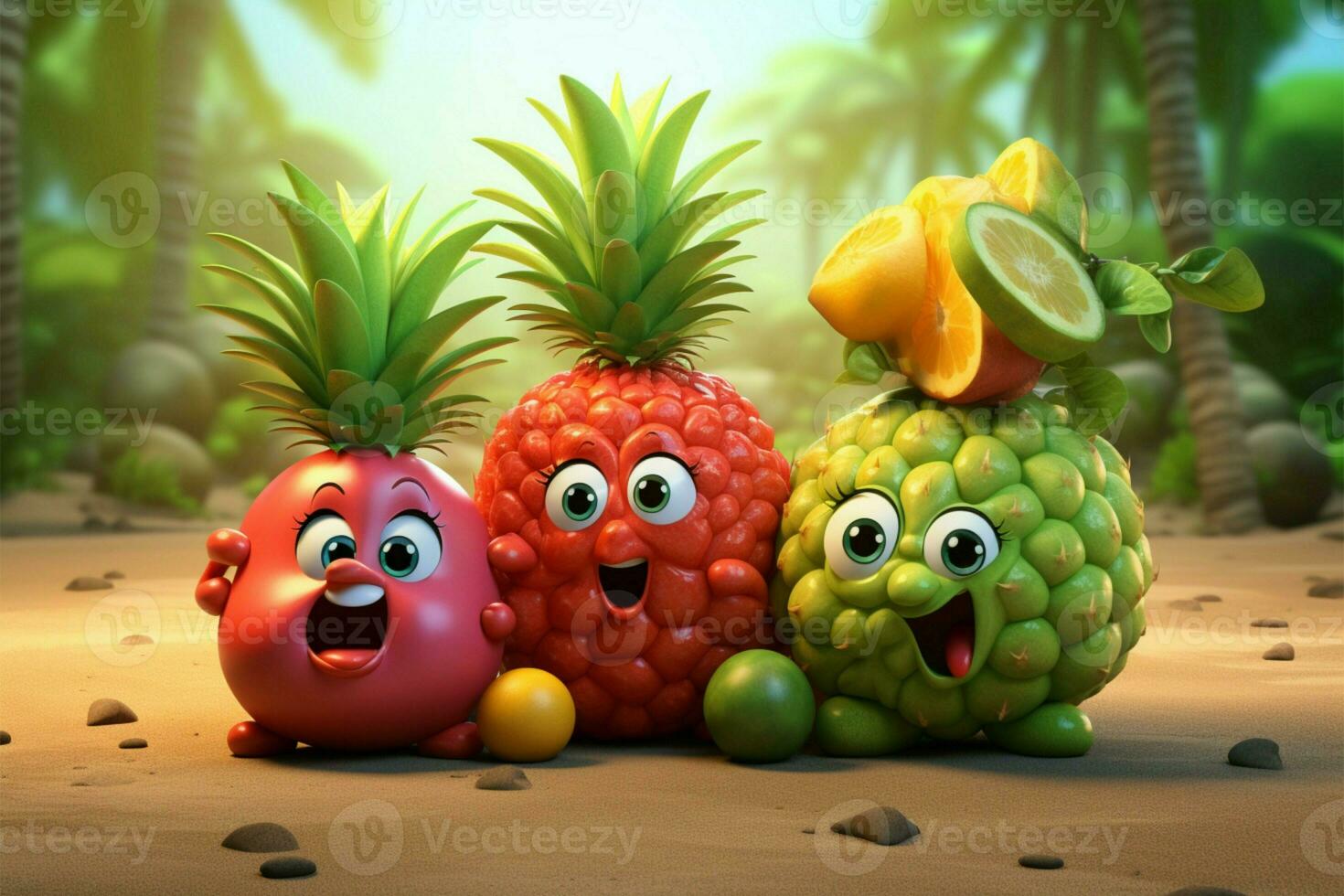 fruta personagens dentro 3d desenho animado estilo, abraçando a calor do verão ai gerado foto