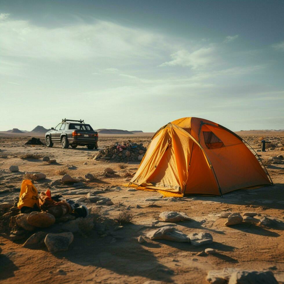 desolado deserto acampamento solitário aventura no meio árido terreno baldio, cercado de vazio para social meios de comunicação postar Tamanho ai gerado foto