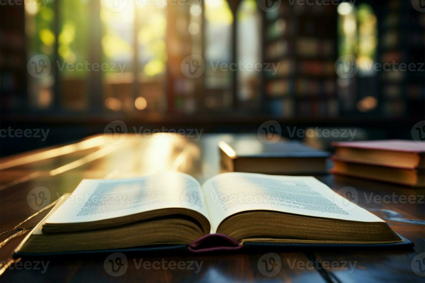 conhecimento às descansar aberto livro dentro uma tranquilo biblioteca ambiente ai gerado foto