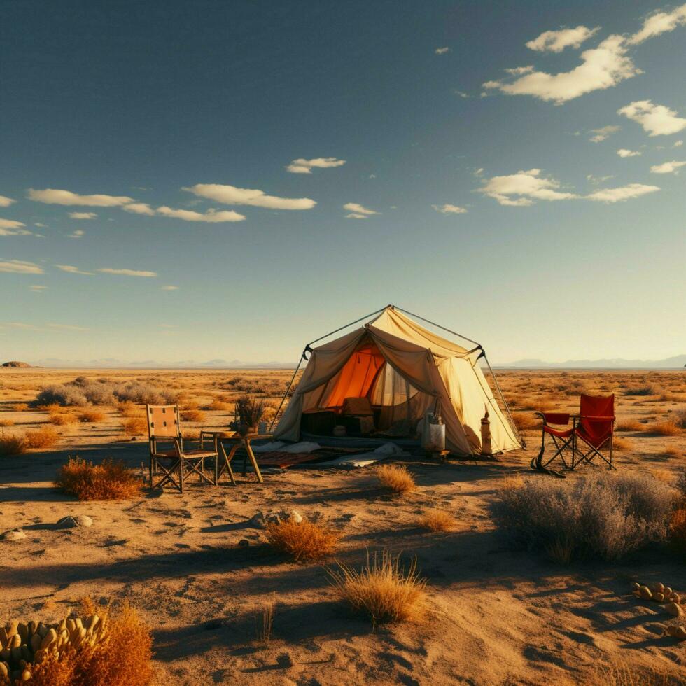 solitário deserto retiro acampamento dentro árido vazio, uma controlo remoto fuga a partir de sociedade para social meios de comunicação postar Tamanho ai gerado foto