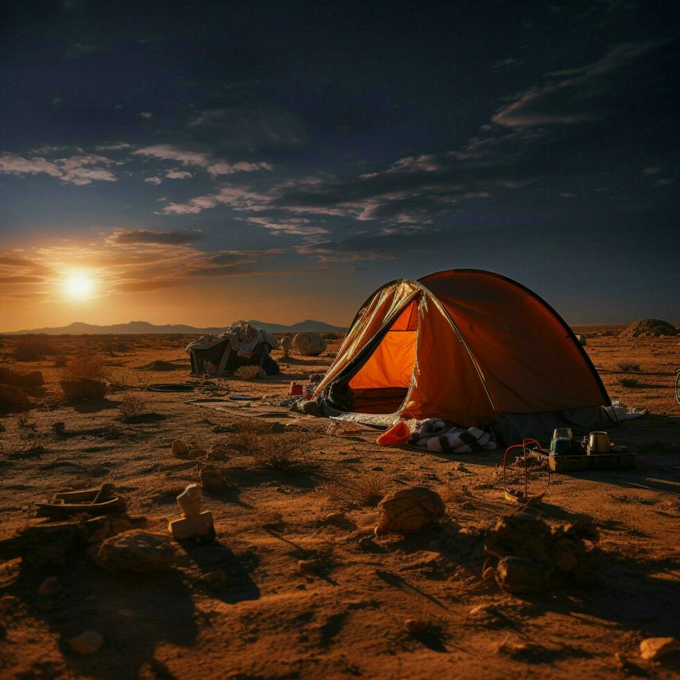 arenoso solidão acampamento sozinho dentro estéril deserto, longe a partir de civilizações urgência para social meios de comunicação postar Tamanho ai gerado foto