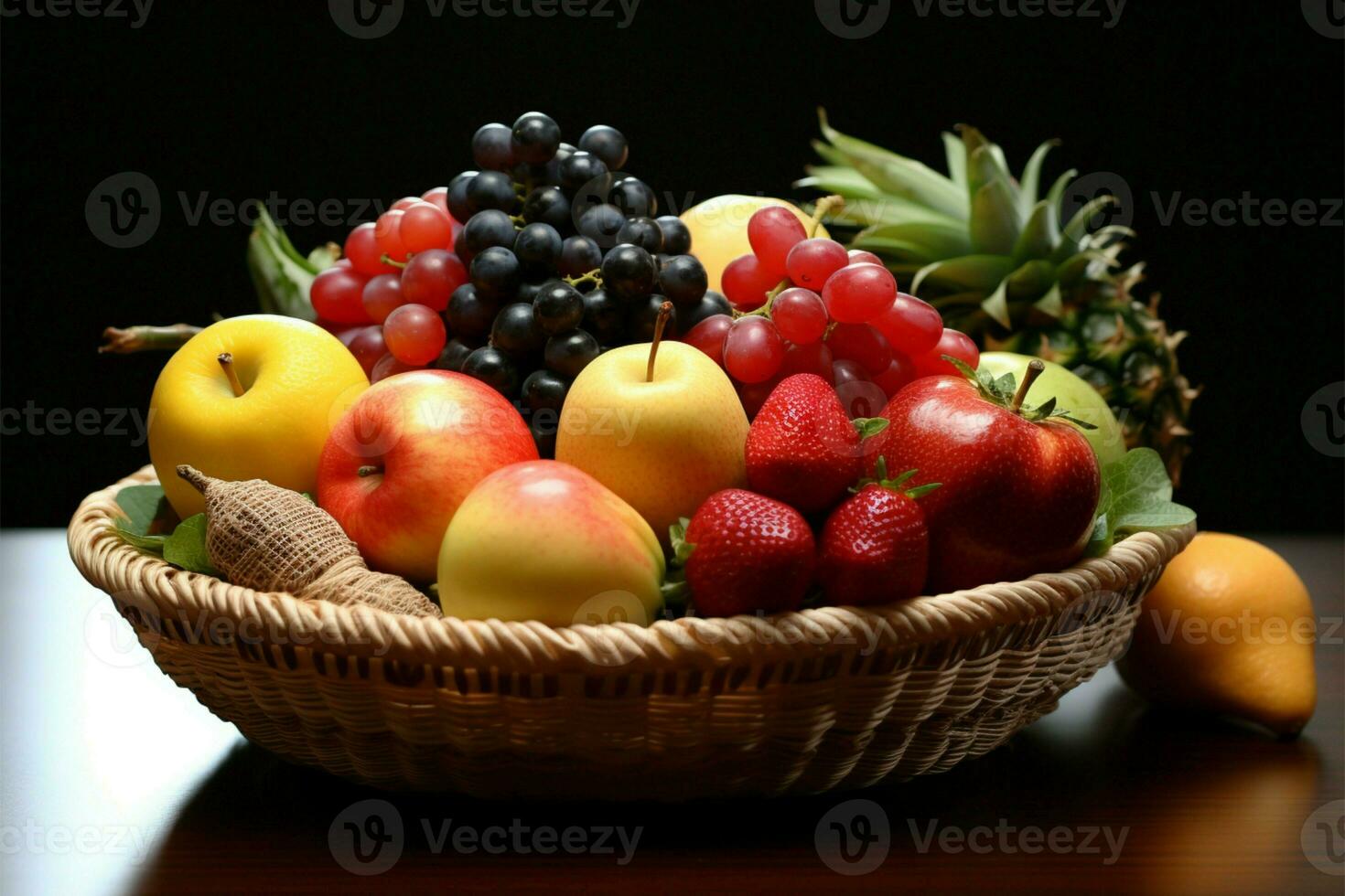 fresco, vibrante frutas com bom gosto exibido dentro uma bonito, decorativo cesta ai gerado foto