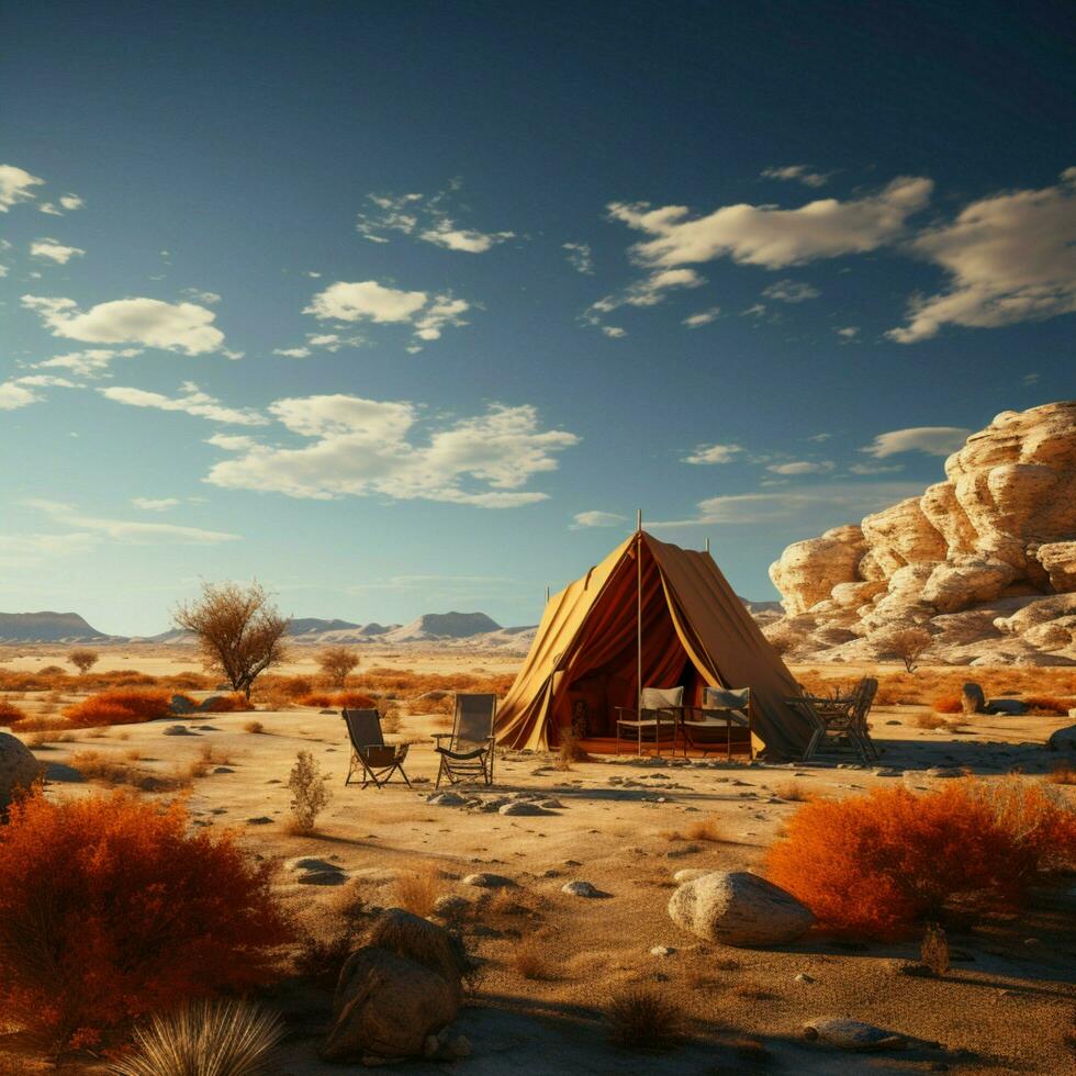 solitário deserto retiro acampamento dentro árido vazio, uma controlo remoto fuga a partir de sociedade para social meios de comunicação postar Tamanho ai gerado foto