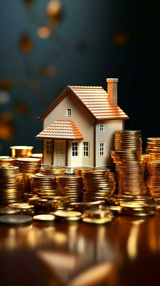 casa em moeda pilha 3d simboliza prosperidade e real Estado investimento vertical Móvel papel de parede ai gerado foto